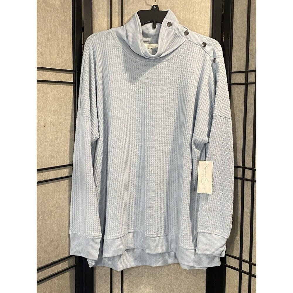 French Laundry Womens Sz 2X Baby Blue Waffle Knit Turtle Neck Snap Details - Picture 1 of 7